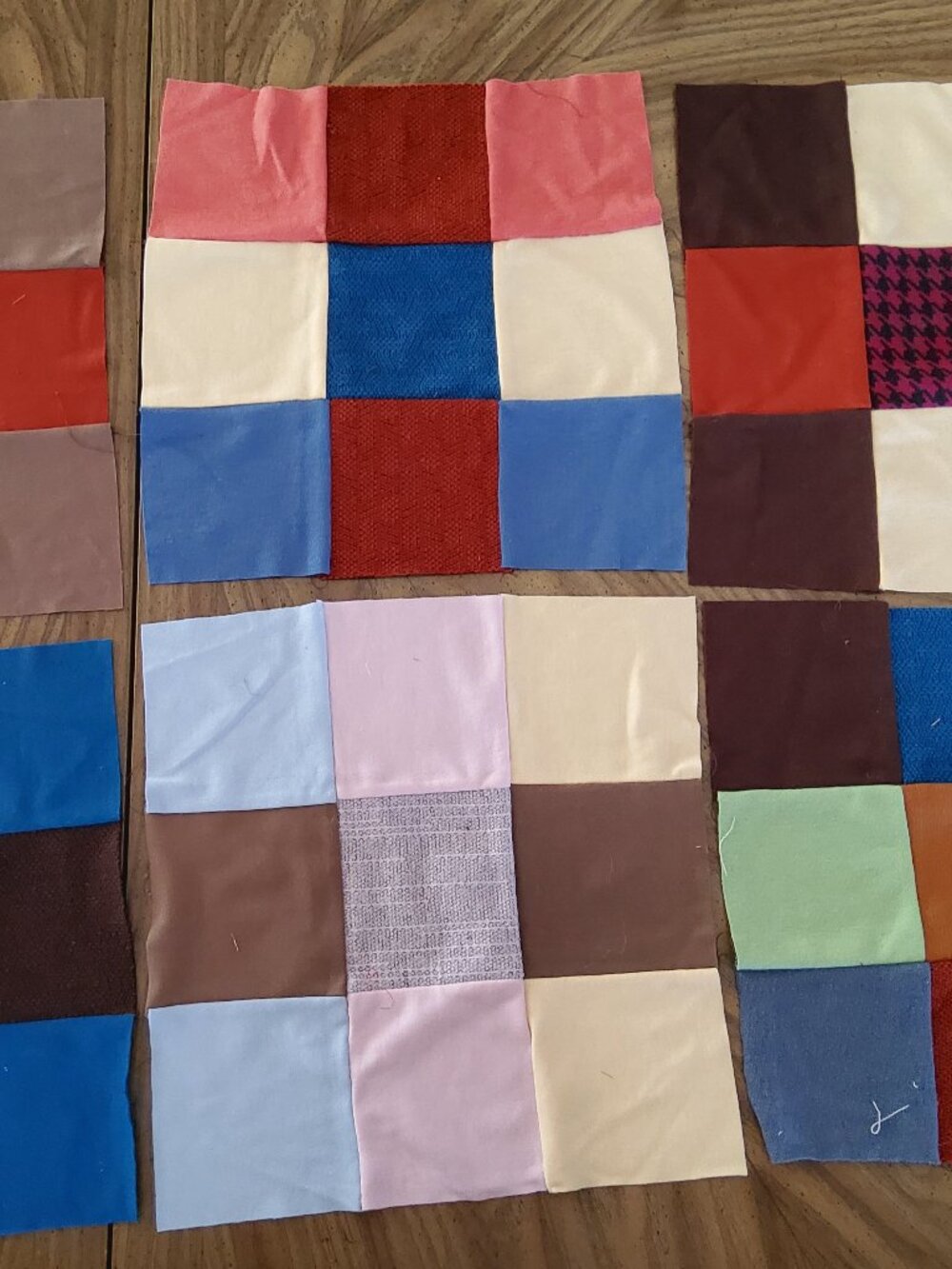 Set of 6 Handmade Nine-Patch Quilt Blocks – Vibrant Mixed-Media Patchwork Square
